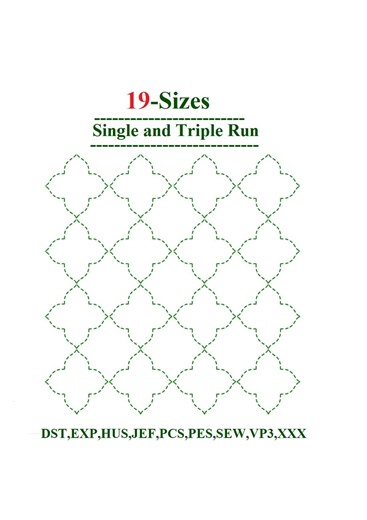 Quilt block embroidery design, Geometric quilting machine pattern, Single and triple run, 19 sizes, 9 formats, quilt embroidery design