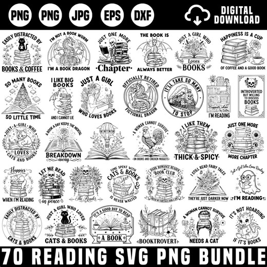 Reading Svg Bundle, Book Lovers Svg, Book Dragon, Librarian Svg, Floral Books Svg, Book Svg, Book Quotes Svg, Book Worm Svg, Silhouette File - Etsy