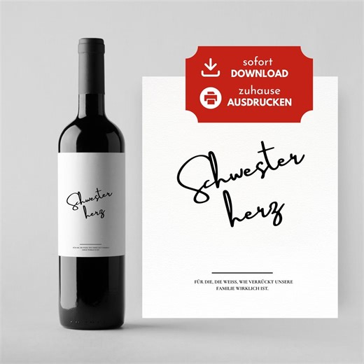 Wine Label "sister's Heart" | Gift for Sister | Sibling Gift | Bottle Label in German | Sister's Birthday | PDF Download - Etsy