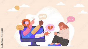 Cyberbullying on internet video concept. Upset depressed moving girl experiencing emotional pressure from hate and psychological abuse on social media. Online violence. Flat graphic animated cartoon