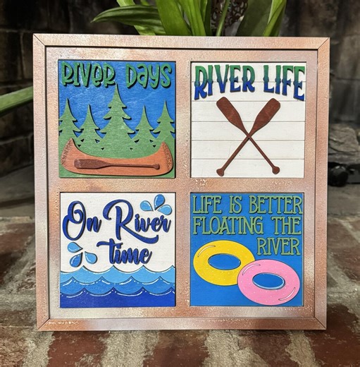 Hand‑Painted River Life Mini Signs * Canoe and Paddle Decor, Cabin & Lake House Shelf Art, Outdoor Tiered Tray Accents