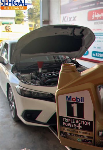 Application of Mobil-1 0w20 Triple action API SP ILSAC GF-6A ACEA C5 into Honda Civic Available at @sehgaloilchange Mobil-1 triple action is a full synthetic oil known for performance, protection, and cleanliness, offering benefits like enhanced fuel economy and superior high-temperature defense, with specs showing a viscosity of ~45 cSt at 40°C, ~8.4 cSt at 100°C, and a flash point around 235°C, providing 30x better high-temp protection and preventing 99.9% of sludge-causing acids. Key Features