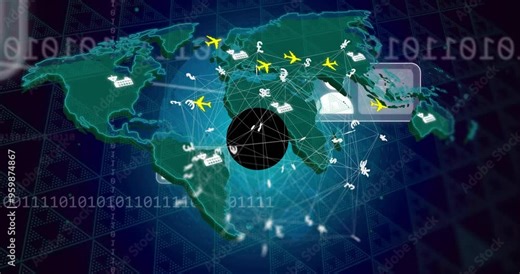 Global transportation and currency exchange animation over world map with airplanes and ships