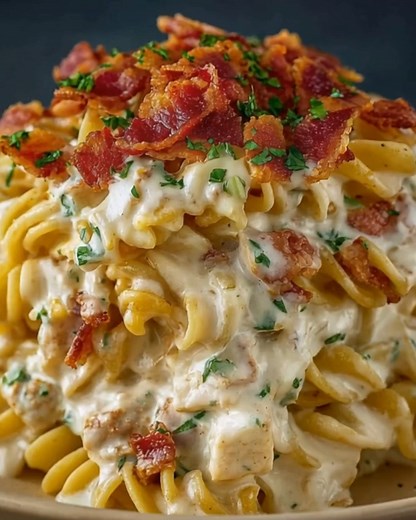 Chicken Bacon Ranch Pasta Stack Ingredients: - 8 ounces penne pasta - 2 cups cooked chicken, shredded - 6 slices bacon, cooked and crumbled - 1 cup ranch dressing - 1 cup shredded cheddar cheese ...... Full Recipe in Coʍmеոτ 💬 | Cricket Is Love