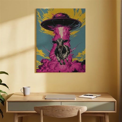UFO Cow Abduction Canvas Wall Art, Surreal Alien Painting, Psychedelic Sci-fi Decor, Modern Fantasy Canvas Print, Extraterrestrial Artwork - Etsy