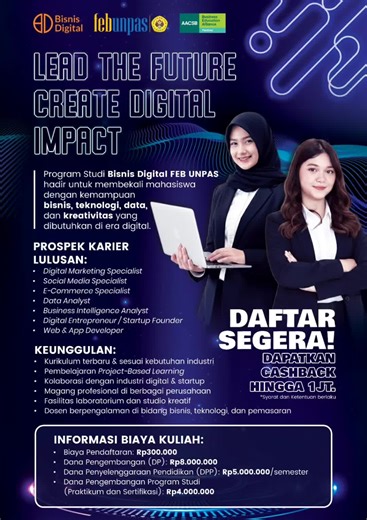Ada program studi atau jurusan baru di FEB Unpas, yaitu Prodi BISNIS DIGITAL. Belajar bisnis dengan pendekatan digital. Belajar teknologi dengan perspektif bisnis. Di Bisnis Digital FEB UNPAS, kamu dipersiapkan untuk dunia kerja dan dunia usaha masa depan. 📍 Empowering the Future Today. Yuk daftar ke Program Studi Bisnis Digital FEB Unpas. #febunpas #bisnisdigital #pmbunpas