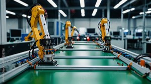 Timelapse of Fully Automated PCB Assembly Line Equipped with Advanced High Precision Robot Arms at Electronics Factory. Semiconductor Production Industry. Component Installation on Circuit Board. Stock Video