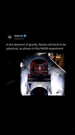 Galaxies on Instagram: "The experiment shown here was carried out on the International Space Station to see how combustion happens in a 0g environment. They used a 50/50 fuel mixture of iso-octane and heptane, tested in a standard air environment (21% oxygen and 79% nitrogen at 1 atm). The results are quite interesting. The only glaringly obvious feature is that the flame looks spherical. The reason for that is simply that it has no reason to look otherwise. On Earth, gravity creates an axis tha