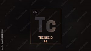 Technetium as Element 43 of the Periodic Table. Seamlessly looping 3D animation on silver illuminated atom design background with orbiting electrons. Name, atomic weight, element number in Spanish lan Stock Video