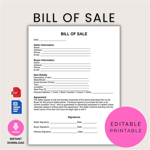 Printable Bill of Sale Template | Simple Selling Contract | Editable Item Sale Agreement | Easy Purchase Receipt Form - Etsy