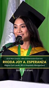 “[S]ometimes, even our best efforts don't take us exactly where we planned, but they still get us to where we're meant to be.” In her heartfelt valedictory address, Ms. Rhoda Joy A. Esperanza, Magna Cum Laude of BS in Hospitality Management, moved the second batch (Set B) of SLSU Main Campus Batch 2025 graduates during the 56th Commencement Exercises held on July 30, 2025. She reminded her fellow graduates that the ghosts of who we once were are not to be feared, but seen as milestones of growth