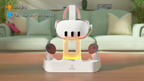 NexiGo Enhanced Charging Dock for Meta Quest 3 and 3S, with LED Light [On/Off], [Support Elite Strap with Battery], Headset Display Holder and Controller Mount, Rechargeable Batteries, White