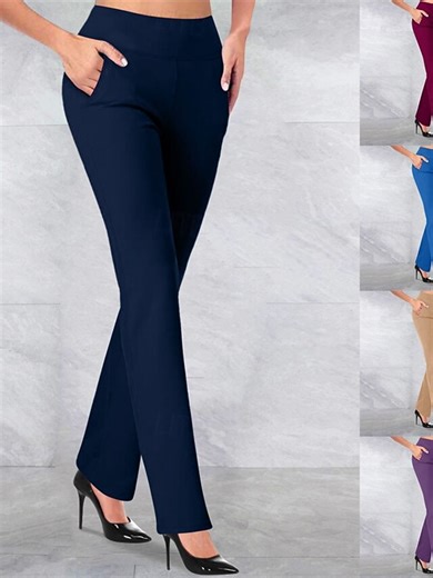 Women's Wide Leg Slacks Streetwear Casual Full Length High Rise Plain Elastic Waist Comfortable Street Holiday Daily Wear Deep Purple Azure Navy Black Fall Regular Fit 2025 - $17.99