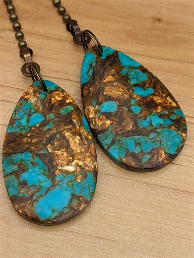 Turquoise & Bronze Stone Chain Pulls: Sea Sediment Matrix, Antique Brass Fan Pull - Etsy