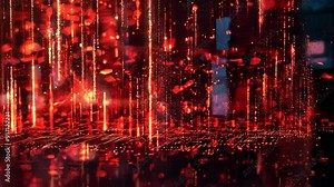 Bright red and black patterns represent the flow of data in an imaginative digital environment, evoking a sense of technological advancement
