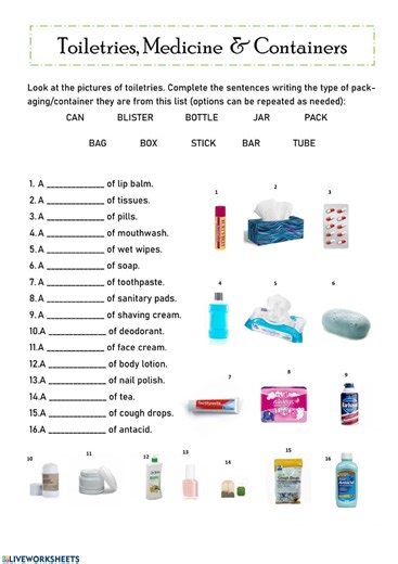 Toiletries, Medicine and Containers worksheet