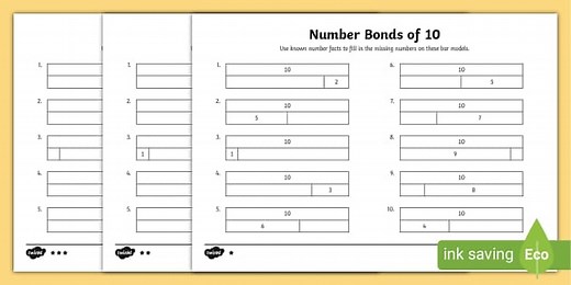 Bar Modelling Number Bonds of 10 Worksheets