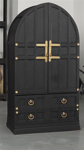 11K views · 46 reactions | Why buy new when you can transform an old arch cabinet into a modern statement piece? Follow along for the step-by-step guide. Products used: Rust-Oleum's Low Odor Spray Paint in Matte Blackout | Rust-Oleum | Facebook