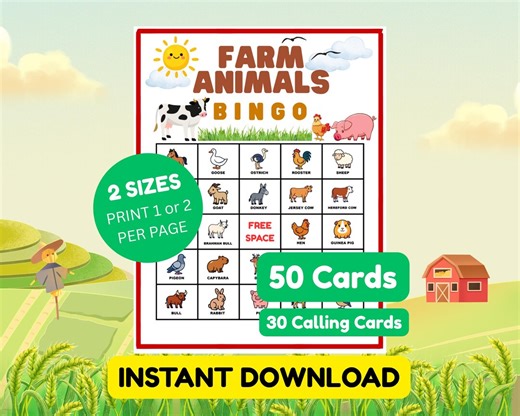 Farm Animals Bingo Printable Game, 50 Unique Cards, Barnyard Bingo, Barnyard Game, Farm Party Game, Farm Activity, Farm Birthday Bingo - Etsy
