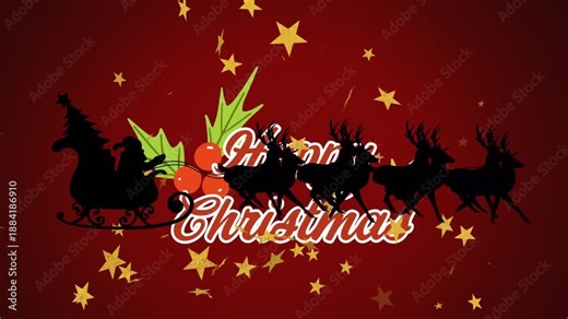 Digital Christmas animation with happy text, mistletoe, and Santa's sleigh silhouette.