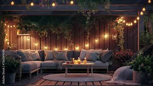 Cozy terrace with a sofa and table is decorated with garlands ang candle warm animation looping video 4k
