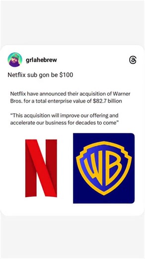 11 reactions · 5 comments | In a Blockbuster deal Netflix acquired Warner Bros as WarnerBros Discovery plans spin off. This is monumental and I predict MAJOR increase on Netflix sub as they absorb HBO Max as if their price wasn't already high enough... #Netflix #HBOMax #streaming #business #Acquisition #news #financialnews #diddy #50cent | GRLA Hebrew | Facebook