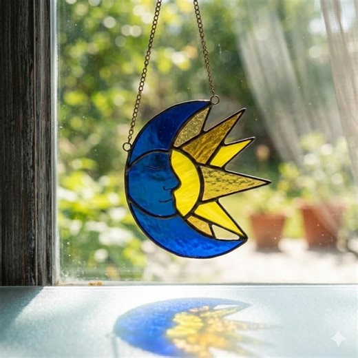 Celestial Moon and Sun Stained Glass Suncatcher, Handmade Window Hanging Decor, Blue and Yellow Spiritual Home Art Gift - Etsy