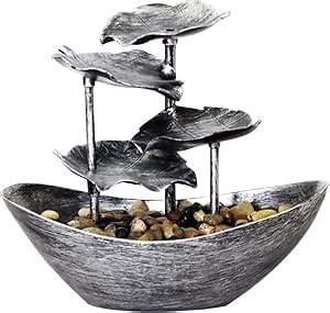 Creative Ingot Lotus Leaf Flowing Water Tabletop Fountain with LED Night Light, Automatic Pump USB Desk Fountain Home Office Decor(Silver)