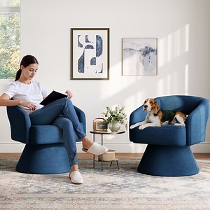 Linsy Home 360° Swivel Accent Chairs Set of 2, Modern Upholstered Barrel Chairs for Living Room, Velvet Blue