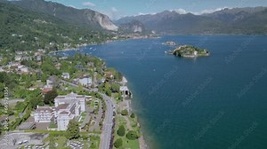 The drone aerial footage of Borromean islands on Maggiore Lake and Stresa town, Italy. The Borromean Islands are a group of three small islands and Isola Bella.