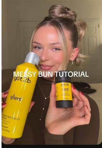 easy messy bun using my favs from @got2b 💛 Got2b glued lasting freezing hairspray & Got2b glued on the go wax stick #got2bpartner #hairtutorial #messybuntutorial