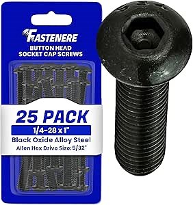 Fastenere Button Head Socket Cap Screws - 1/4-28 x 1 (25-Pcs) Alloy Steel, Fully Threaded, Fine Black Oxide Finish, Corrosion-Resistant, Machine Thread, Easy to Install w/Allen Hex Drive