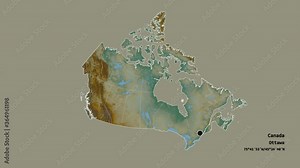 Newfoundland and Labrador, province of Canada, with its capital, localized, outlined and zoomed with informative overlays on a relief map in the Stereographic projection. Animation 3D