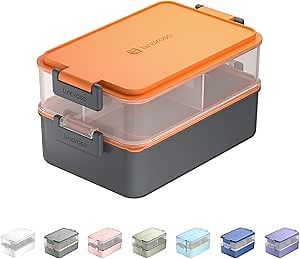 Linoroso Stackable Bento Lunch Box | Meet All Your On-the-Go Food, Salad and Snack Needs, Premium Adult Lunch Box Includes Utensil Set, Dressing Containers - Lava Orange
