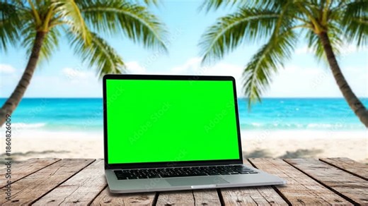 A mobile professional works on an open laptop notebook featuring a wireless internet connection and clear screen display while situated on a tropical beach under a blue sky by the sea