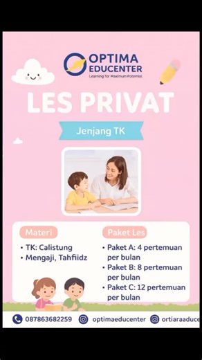 OPTIMA EDUCENTER BIMBEL on Instagram: "🌈🎒 BACK TO SCHOOL BERSAMA OPTIMA EDUCENTER 🎒🌈 Belajar Seru, Anak Pintar & Ceria Yuk, ajak si kecil belajar dengan cara yang menyenangkan dan penuh kasih sayang 💕 Di Optima Educenter, anak-anak belajar sambil bermain, sehingga tidak cepat bosan dan lebih percaya diri 🌟 👶✨ PROGRAM TK Belajar jadi lebih asyik! 🎨🧩 ✔ Mengenal huruf & angka ✔ Belajar membaca dan berhitung dasar ✔ Melatih motorik & kreativitas ✔ Menumbuhkan rasa percaya diri 💖 Dibimbing