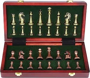 Agirlgle Retro Metal Chess Set with Folding Wooden Chess Board and Classic Handmade Standard Pieces Metal Chess Set for Kids Adult