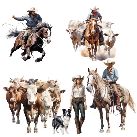 Cowboy Cattle Ranch Herding Clipart Digital Downloads, Watercolor Overlay, 30 PNG Designs Transparent Backgrounds,horse Cow Bull Barn Farm - Etsy