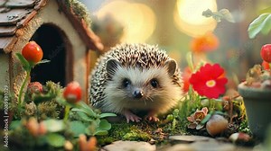 Hedgehog Haven: A charming hedgehog in a miniature garden setting. Close-up of an adorable hedgehog amidst vibrant flowers, moss, and a tiny house. Perfect for nature, pet, and whimsical themes.