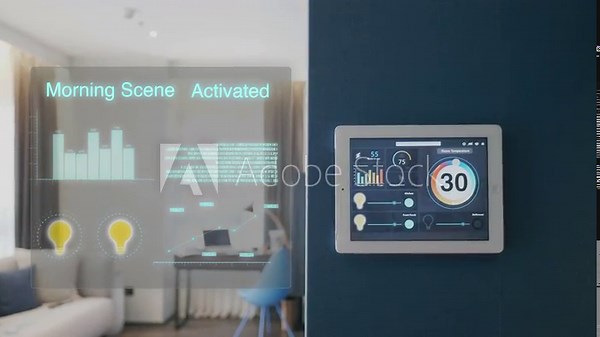 A sleek smart home control panel showcasing real-time data on energy usage and lighting options, enhancing modern living with convenience and efficiency.