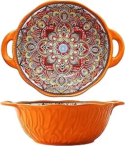 2 Pack Boho Ceramic Serving Bowls with Handles, 40 Oz Porcelain Salad Bowls, Large Serving Dishes for Entertaining, Mixing Bowls for Soup, Stew, Pasta, Cereal, Colorful Embossed Cute Bowls Set MLKS
