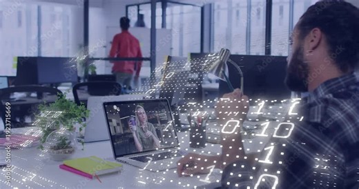 Seated man waving in remote call while laptop starting binary overlay hiding desk yet call visible