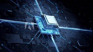 Concept animation shows the process of turning on the CPU in the motherboard. Digital pulses and signals from the chip propagate through the motherboard. 3d rendering.