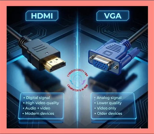 ✨ Satya Vlogs 50K ✨ on Instagram: "🖥️HDMI vs VGA — What’s the Difference? 👉HDMI vs VGA — Which One Should You Use? Choosing the right display cable matters for better video quality. Here’s a quick comparison 👇 🔶 HDMI 👉Digital signal (no quality loss) 👉Supports Full HD, 4K, even 8K 👉Carries both audio + video 👉Modern TVs, monitors, laptops 🔷 VGA 👉Analog signal (lower quality) 👉Limited to older monitors & projectors 👉Video only - no audio support 👉Easily affected by cable length 💡 Bo