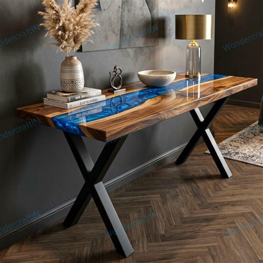 Custom Natural Wood Console Table With Blue Resin River Design - Etsy