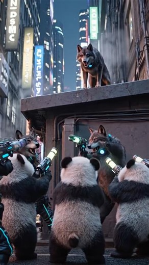 A group of wolves running a night police patrol in a glowing cyberpunk city