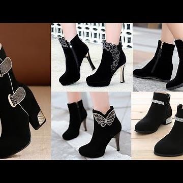 evergreen trendy style black leather valvet heavy stones work ankle luxury strap women ankle boots
