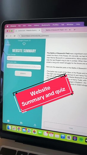 With #lessonlab’s innivative Website Summary tool, educators can seamlessly distill the key information from any web page into language suitable for their specified age group. Whether you're introducing new concepts, conducting research, or exploring current events, our AI-powered tool provides concise and age-appropriate summaries that enhance understanding and engagement. Elevate your teaching with LessonLab's Website Summary tool, making online content accessible and actionable for learners o