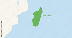 World Map Zoom In To Madagascar. Animation in 4K Video. Green Madagascar Territory On Blue and White World Map