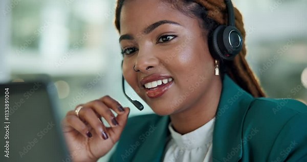 Listen, customer service and woman in call center for help, business advice or talking. Sales agent, telemarketing and happy African consultant on microphone for lead generation, crm and contact us